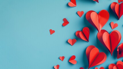 Red Paper Hearts on Blue Background