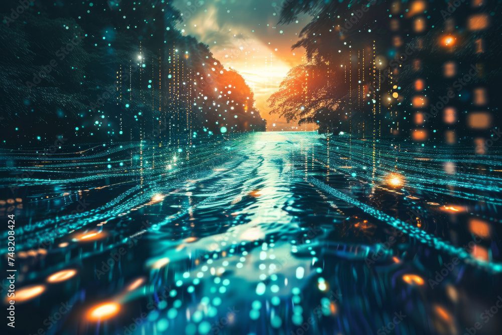 Poster a computer generated image of a river with a sunset in the background