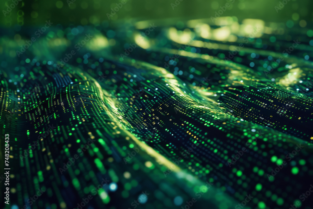 Poster a computer generated image of green dots on a dark background