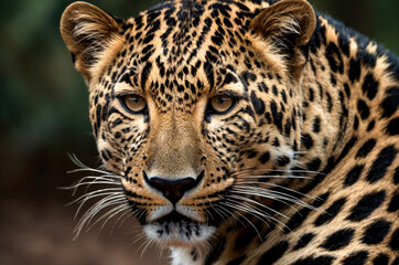 Detailed close-up capturing fierce gaze of perfect leopard. Close-up of majestic leopard with intense gaze in wilderness, exotic big cat predator. Animal wildlife concept. Copy ad text space. Gen Ai