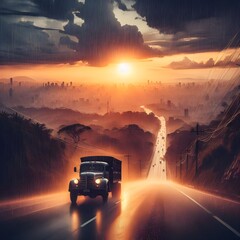 The photo shows a classic truck driving along the high road,in the middle of the rain at sunset. - obrazy, fototapety, plakaty