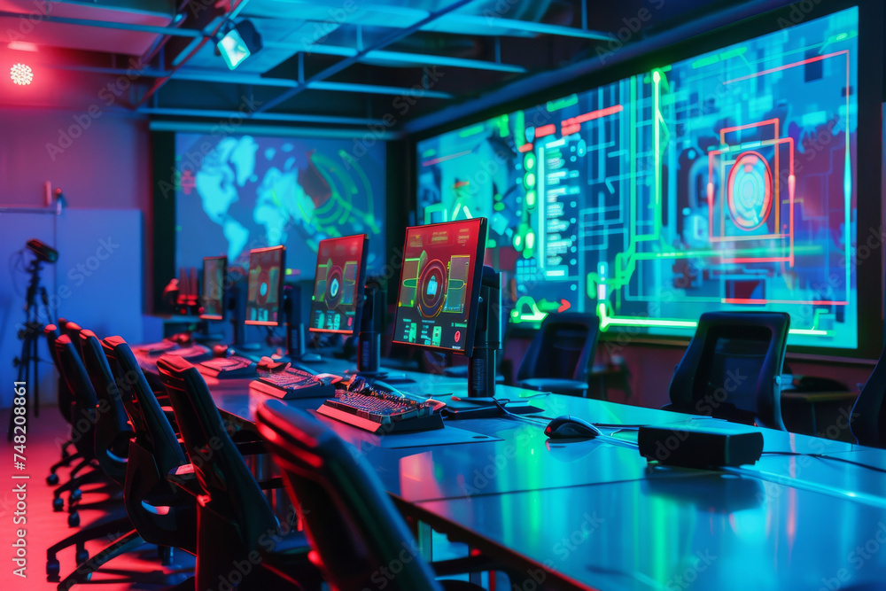 Poster a row of computer monitors are lined up in a dark room