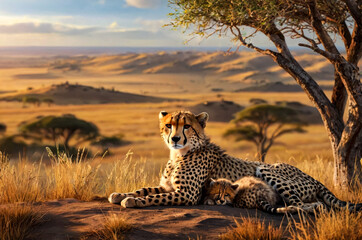 Cheetah and cub resting on african savannah hilltop. Mother guepard and her cub lounging on grassy hill, surveying african savannah. Nature animal wildlife concept. Copy ad text space. Generated Ai - obrazy, fototapety, plakaty