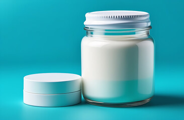 Plastic bottle of liquid yogurt with white lid on electric blue background