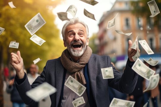 Happy Person Getting Bonus Money And Banknotes Flying In The Air And Get Lucky Rich And Financial Freedom Comeliness