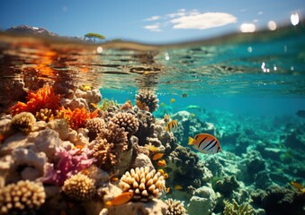 Fototapeta na wymiar Colorful fish swim among vibrant coral reef underwater