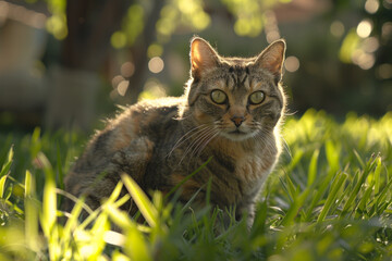 Naklejka na ściany i meble Cute tabby cat sitting in the green grass with calm and curious look, blending in with the surroundings. This peaceful scene shows how cats enjoy nature, Generative AI