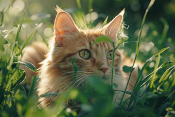 A charming scene of a fluffy orange cat nestled among lush green grass, basking in the serenity of nature, its fur glowing warmly in the sunlight, Generative AI