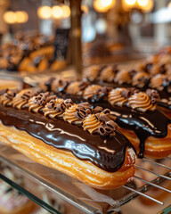 A tantalizing close-up of an éclair, golden pastry shell generously coated with a glossy layer of rich and juicy chocolate sauce, luscious cream filling inside, French pastry, Generative AI