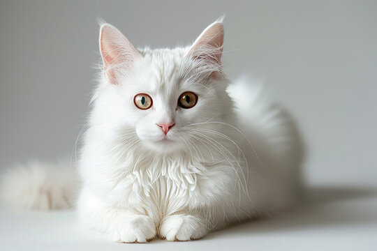 A charming photo of a white, fluffy cat taken in a studio setting, beauty of domestic cats, Generative AI