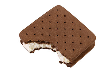 Ice cream sandwich with brown cookies isolated on white background. Top view. Flat lay