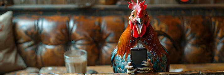 Surprised Rooster Holding a Smartphone 3d background image