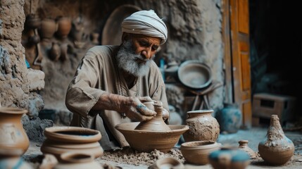 An experienced potter meticulously shapes wet clay on a spinning wheel in a rustic pottery workshop surrounded by his creations. Resplendent.