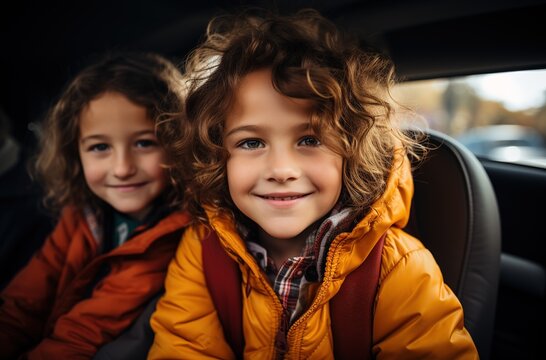 two brothers returning from school in the car take a picture of themselves looking at the camera. children with seat belts in the car