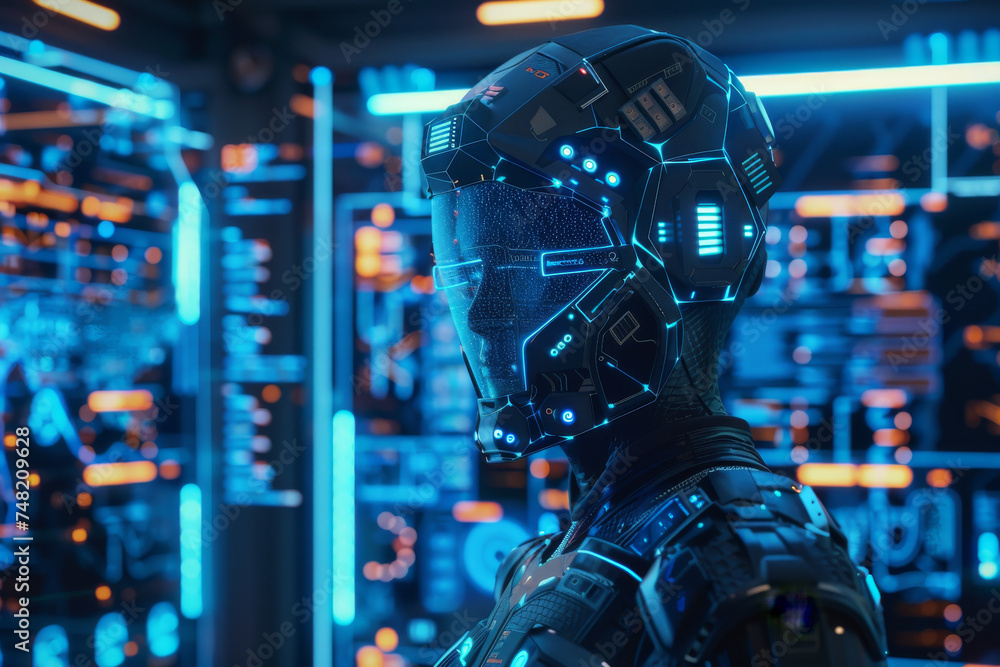 Poster A futuristic robot with a helmet that says ' robotics ' on it