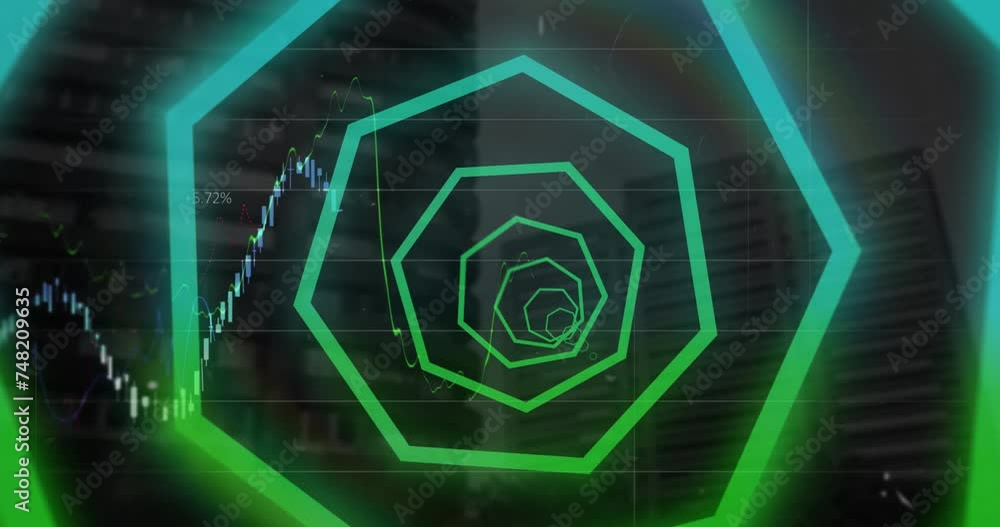 Poster animation of financial data processing over neon pattern and cityscape