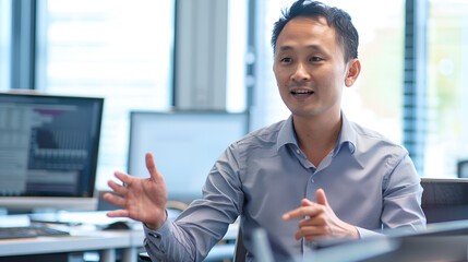 An Asian man giving advice based on data in a bright office - obrazy, fototapety, plakaty