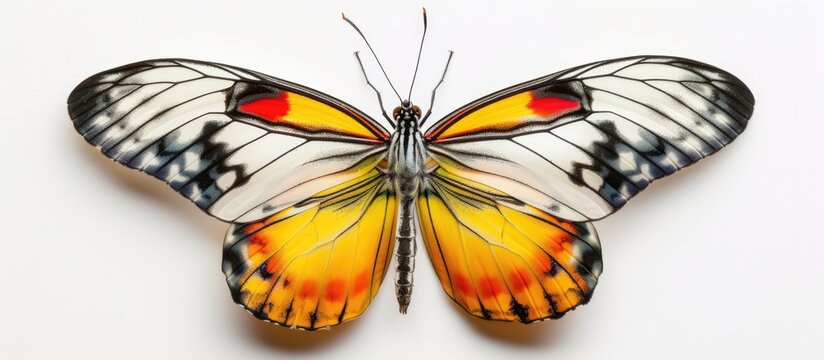 A vibrant yellow and black butterfly, known as Delias hyparete the Painted Jezebel, is showcased on a white background. The butterflys lower wings are in full display, highlighting its natural colors