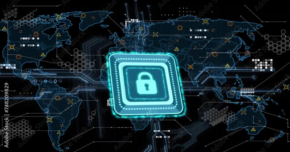 Poster animation of padlock icon and data processing with circuit board