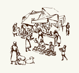 Old eastern market. Vector drawing