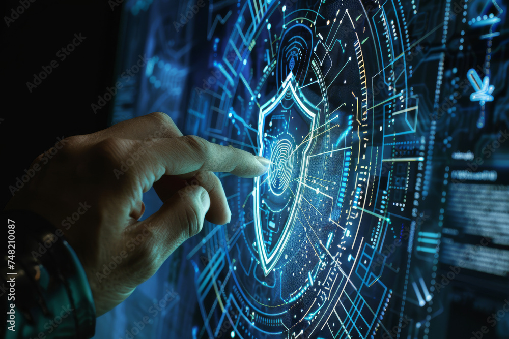 Poster a person 's finger is pointing at a shield with a fingerprint on it