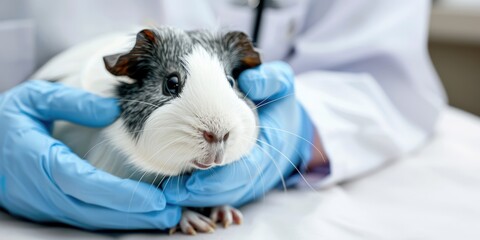 Generative AI, cute small guinea pig on the table being examined by professional veterinarian in vet clinic - obrazy, fototapety, plakaty