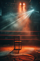 Professional boxing ring illuminated with chair - obrazy, fototapety, plakaty
