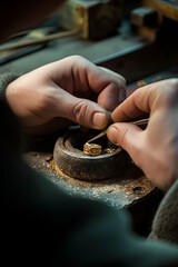 Master jeweler working on a gold ring. Jewelry, craftsmanship, handmade