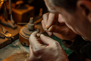 Master jeweler working on a gold ring. Jewelry, craftsmanship, handmade - obrazy, fototapety, plakaty