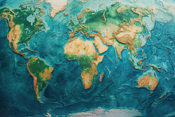 Detailed flat map of continents and oceans on a textured world map on a global satellite photo....