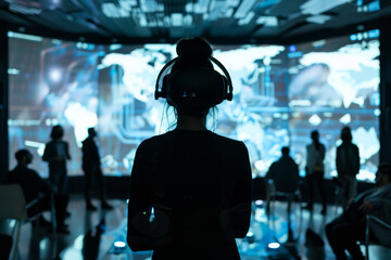 A woman wearing a virtual reality headset stands in front of a large screen