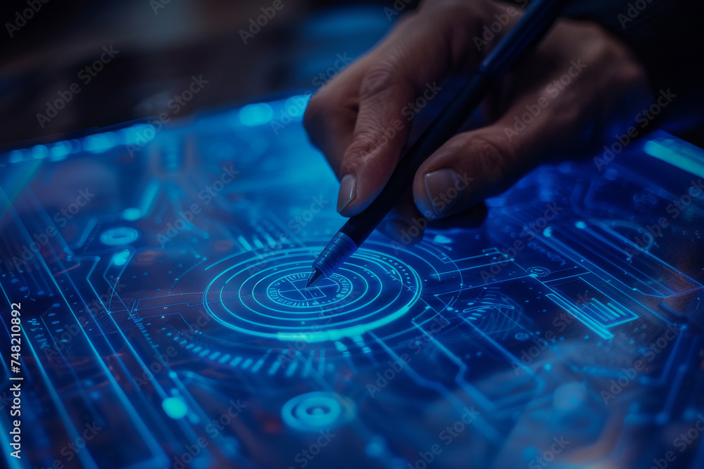 Poster a person is using a pen to draw a circle on a screen