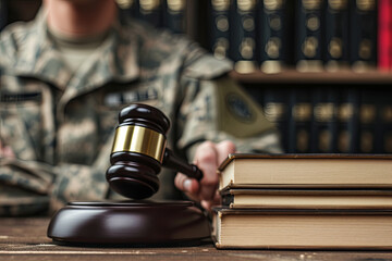 Military Law concept, Soldier’s hand holding a gavel - obrazy, fototapety, plakaty