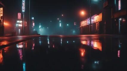 Fototapeta na wymiar city at night A wet asphalt, reflection of neon lights, a searchlight, smoke. Abstract light in a dark empty 