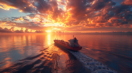 Imagine a cargo ship floating gracefully on calm waters surrounded by a breathtaking sunset