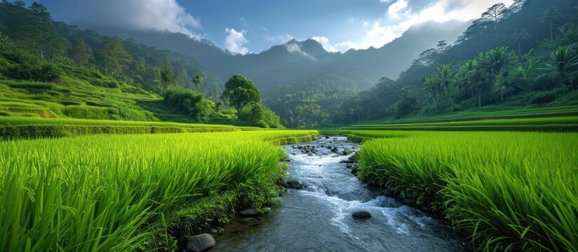 View of beautiful green rice fields with clear water channels in the middle