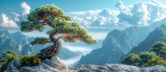 View of pine tree branches on mountain peak against blue sky