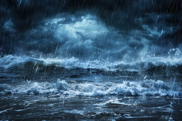 stormy sea waves under rain, landscape for frame decoration - obrazy, fototapety, plakaty