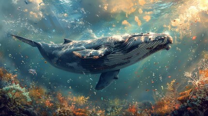 A huge whale underwater in a surreal style. Fantasy or a magical world. Daydream - obrazy, fototapety, plakaty