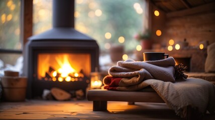 Cozy fireplace in a hut
