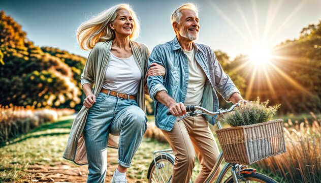 Active senior couple enjoying the outdoors, stylishly dressed for a sunny day in nature. Exuding vitality, they embody active aging's joy. 