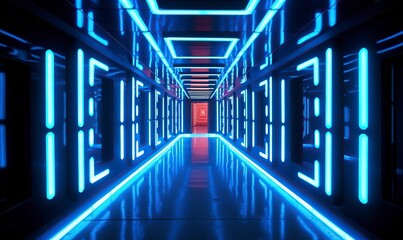 futuristic sci-fi spaceship interior with a futuristic corridor in 
space station with glowing neon lights background and glossy reflective walls and transparent glass - obrazy, fototapety, plakaty