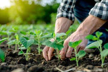 Agronomist inspecting young soybean plants in a cultivated agricultural field - obrazy, fototapety, plakaty