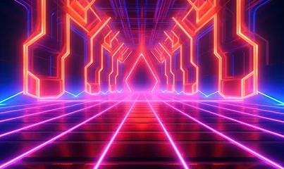 Fotobehang futuristic sci-fi spaceship interior with a futuristic corridor in  space station with glowing neon lights background and glossy reflective walls and transparent glass © fatin