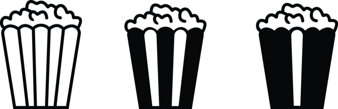 Popcorn icon set. Pop corn, bucket, box. Cinema concept. Vector icon can be used for watching movie takeaway food snack, symbol template for graphic and web design, isolated on transparent background.