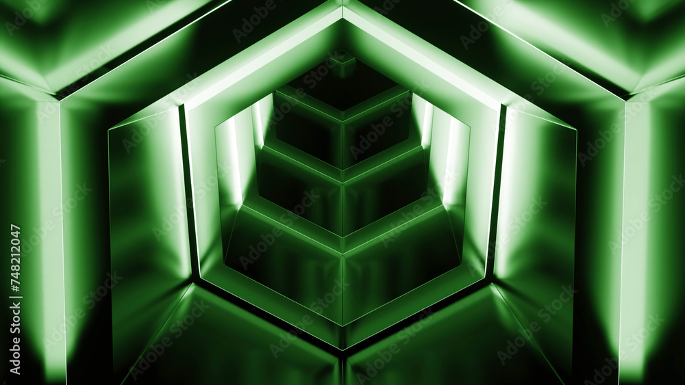 Poster exiting cyber tunnel. design. hexagonal 3d tunnel with neon lines and metal surface. reverse movemen
