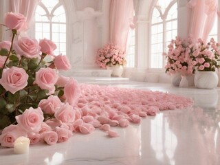 pink roses on a white marble floor