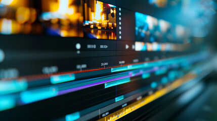 A close-up of a video editing screen, crafting compelling visual content for social media campaigns, highlighting the importance of multimedia, businesses leveraging social media, - obrazy, fototapety, plakaty