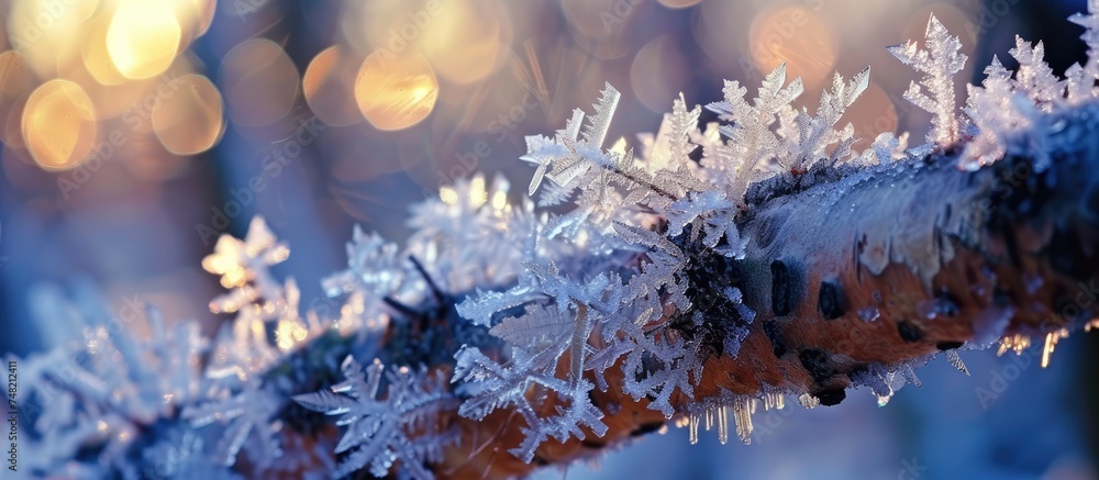 Poster detailed macro photograph of a tree branch covered in delicate snowflakes. each snowflake is uniquel