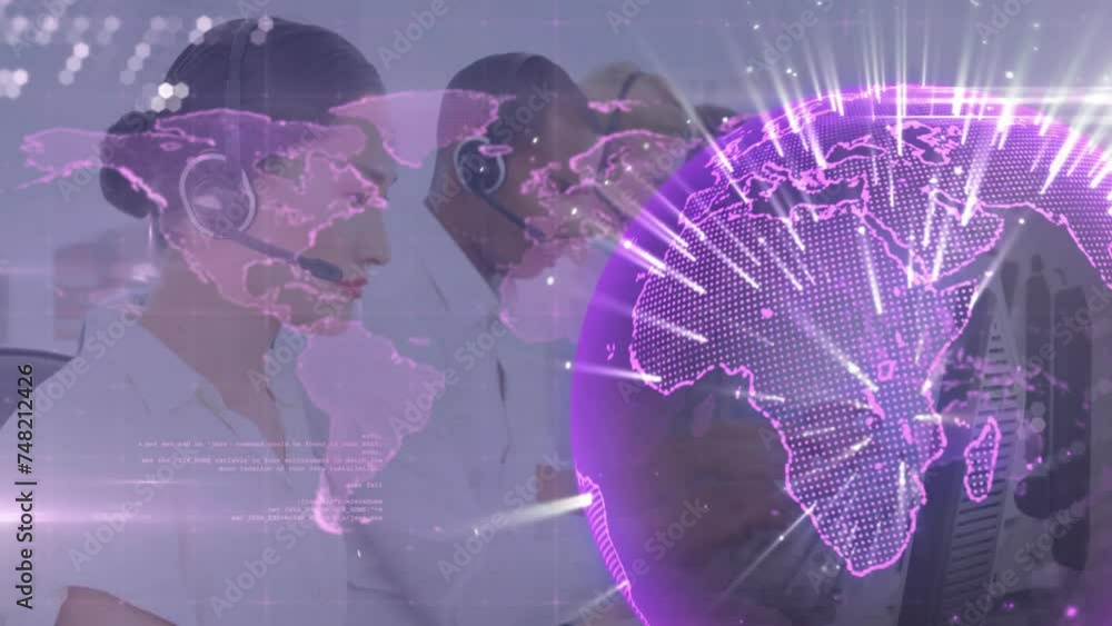 Poster animation of globe and data processing over diverse business people using phone headsets